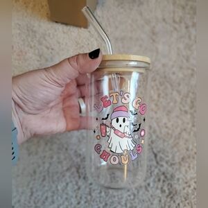 Let's Go Ghouls Halloween Glass Tumbler with Straw Brand New No Tags